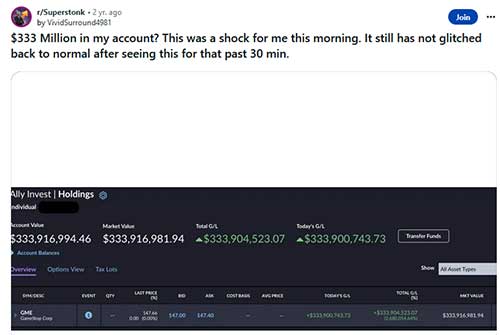 Glitch: An investor wakes up to over $333 MILLION in his account. It lasts for about 30 minutes before disappearing.