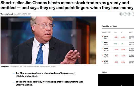 Hedge Fund Manager Jim Chanos calls GameStop investors are “greedy and entitled”