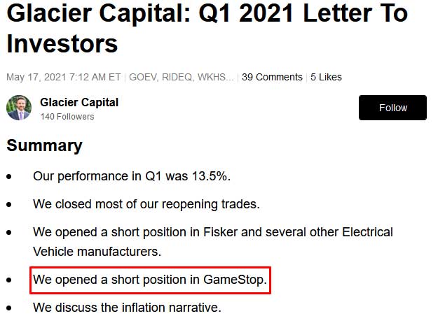 Hedge fund Glacier Capital publishes a letter to investor’s stating they have opened bets (a short position) against GameStop. However…