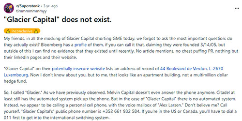 The same day Glacier Capital publishes their letter to investor’s “warming them up” to the idea of funds being lost due to GameStop, people discover Glacier Capital is not what it claims to be.