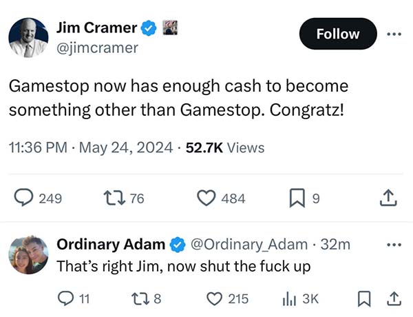 Jim Cramer, a TV personality known for bashing GameStop, has some nicer to words to say after GameStop raised another 1 billion in cash.